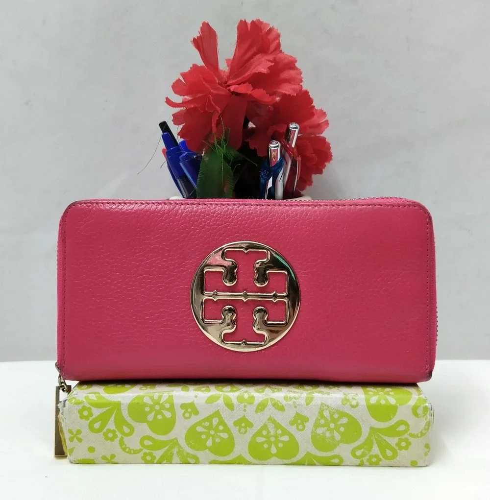 Tory Burch Pink Pebbled Leather Zip Around Credit Card Wallet